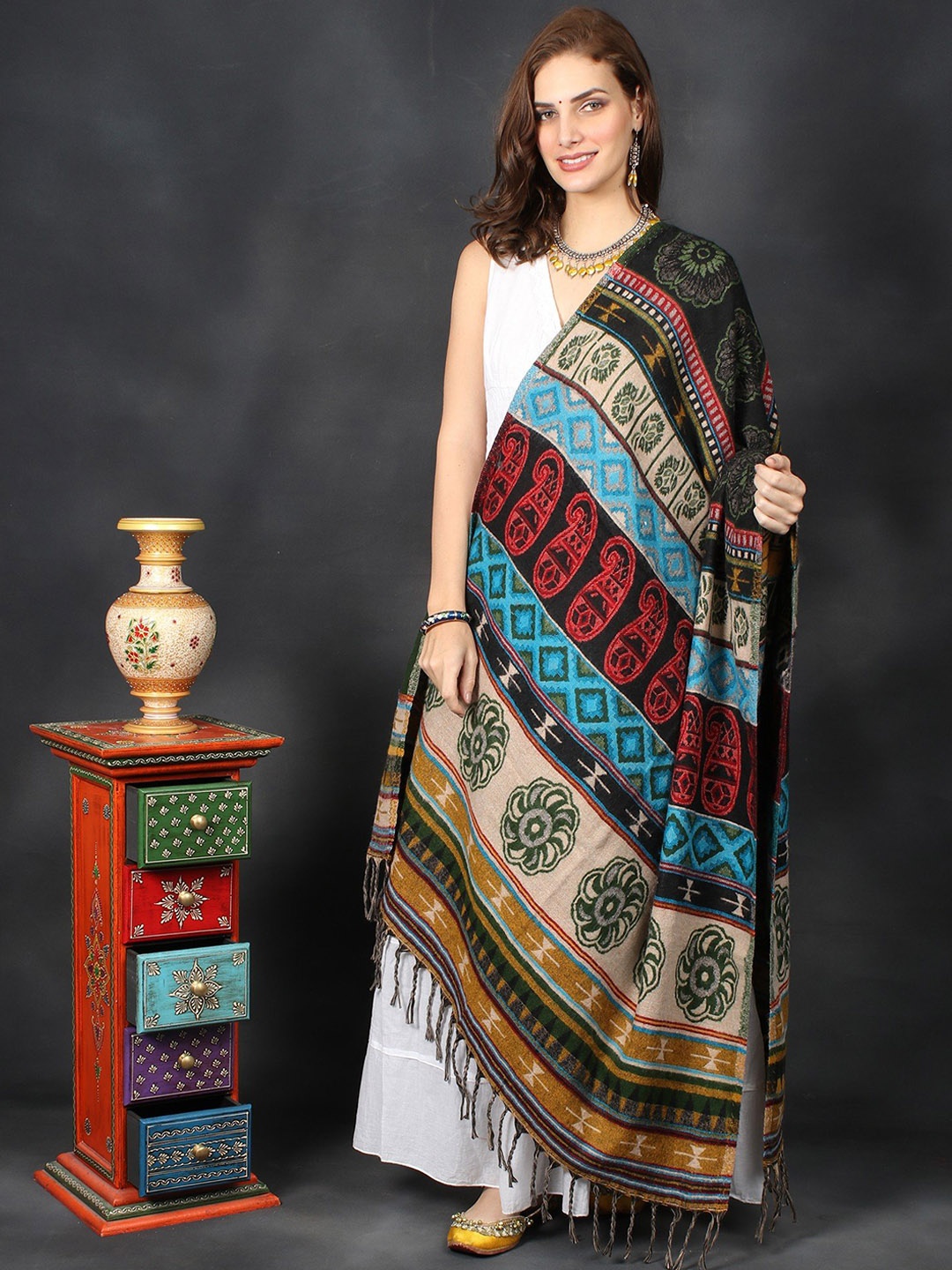 Exotic India Women Floral Printed Shawl, Black