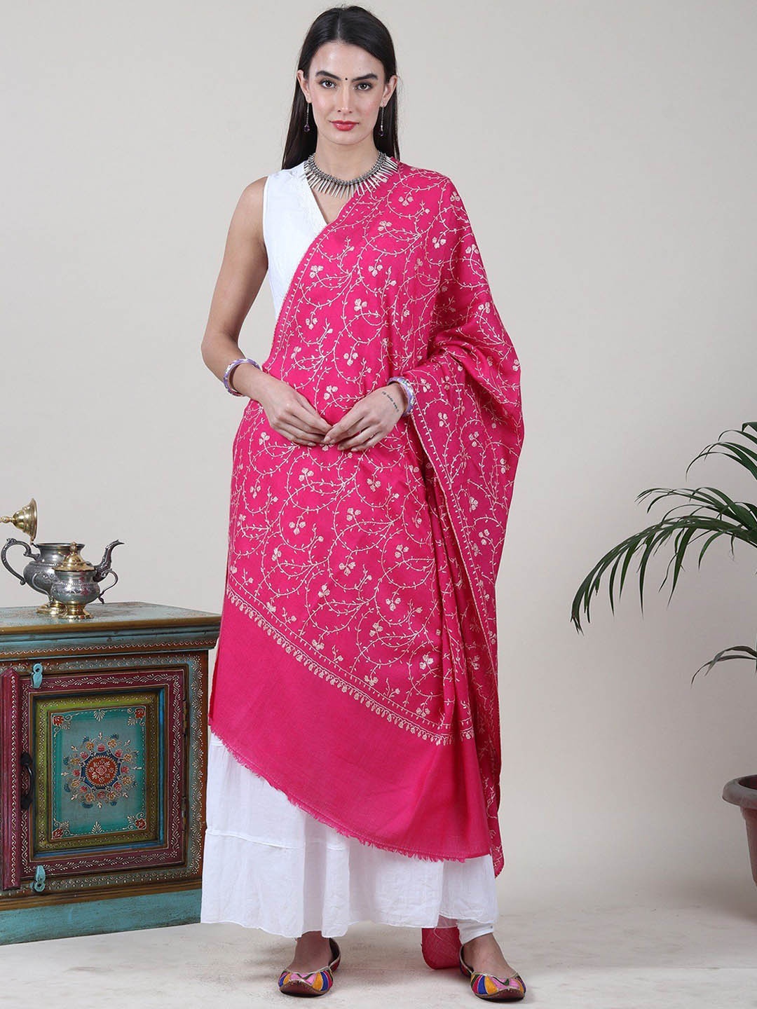 

Exotic India Women Printed Shawl, Fuchsia