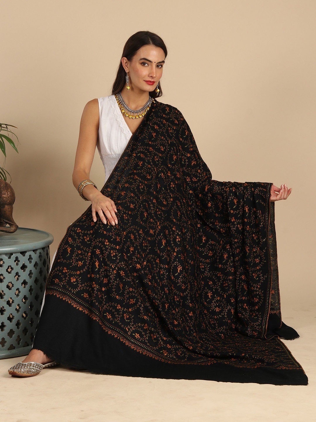 

Exotic India Women Floral Embroidered Shawl, Black