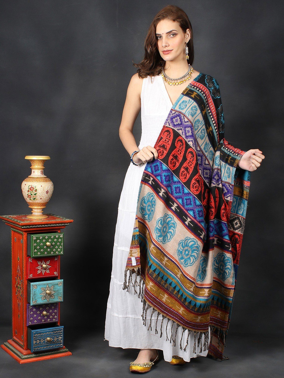 

Exotic India Multicolor Handloom Wool Shawl with Aztec-Paisley-Floral Motifs, Brown