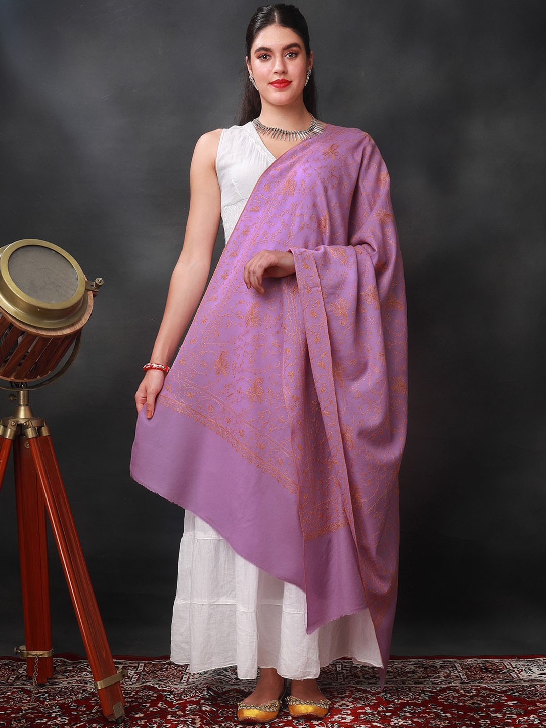 

Exotic India Pale Pansy Sozni Shawl with Hand-Embroidered Floral-Mango Vine Pattern, Purple