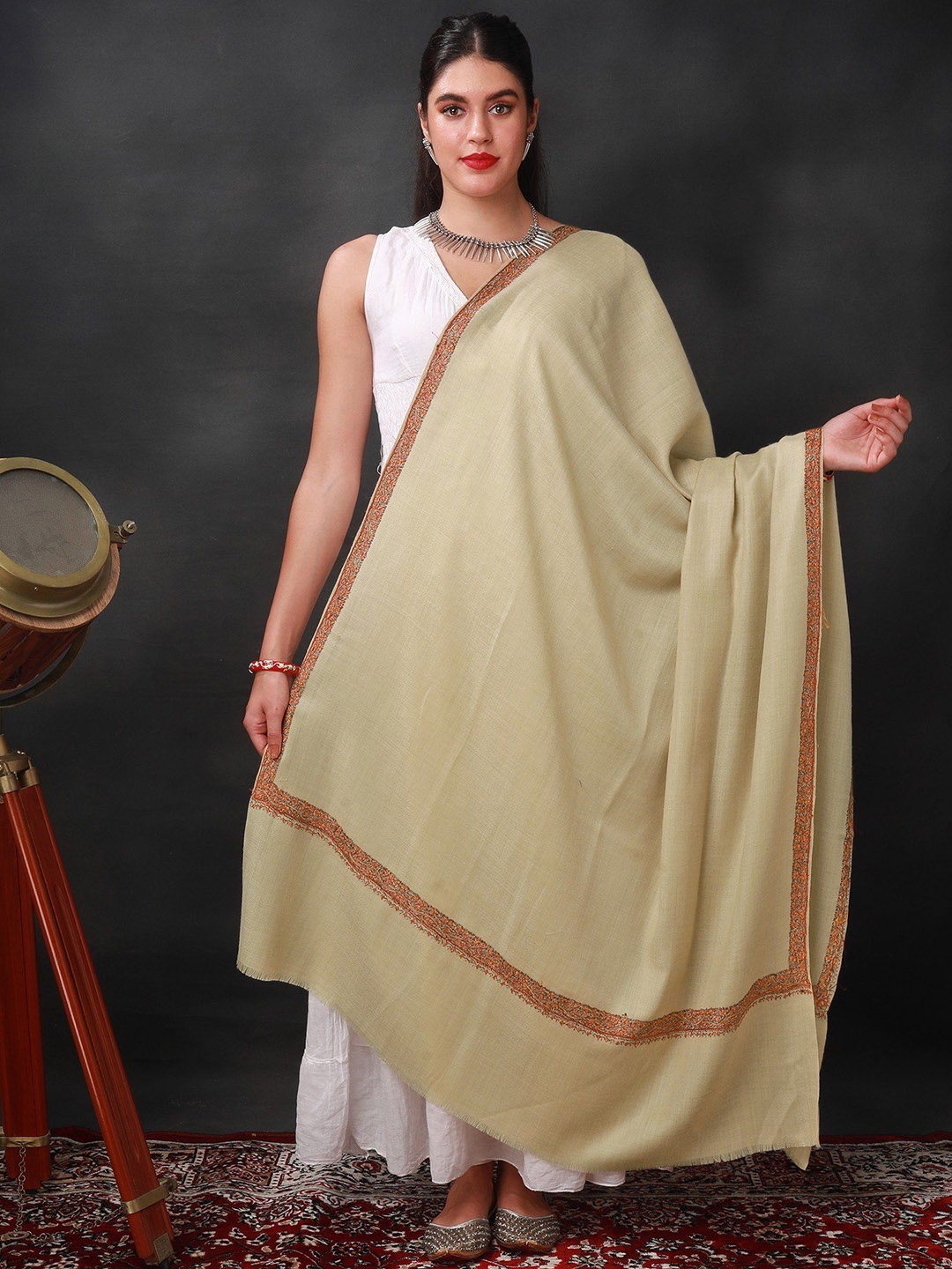 Exotic India Brown Tan Sozni Hand-Embroidered Shawl with Floral Vine Pattern Border