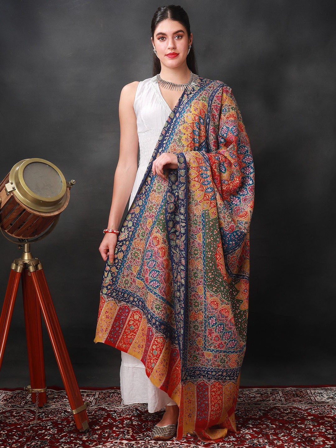 

Exotic India Women Floral Embroidered Shawl, Blue