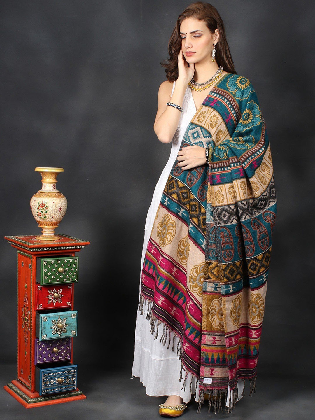 

Exotic India Women Floral Printed Shawl, Green