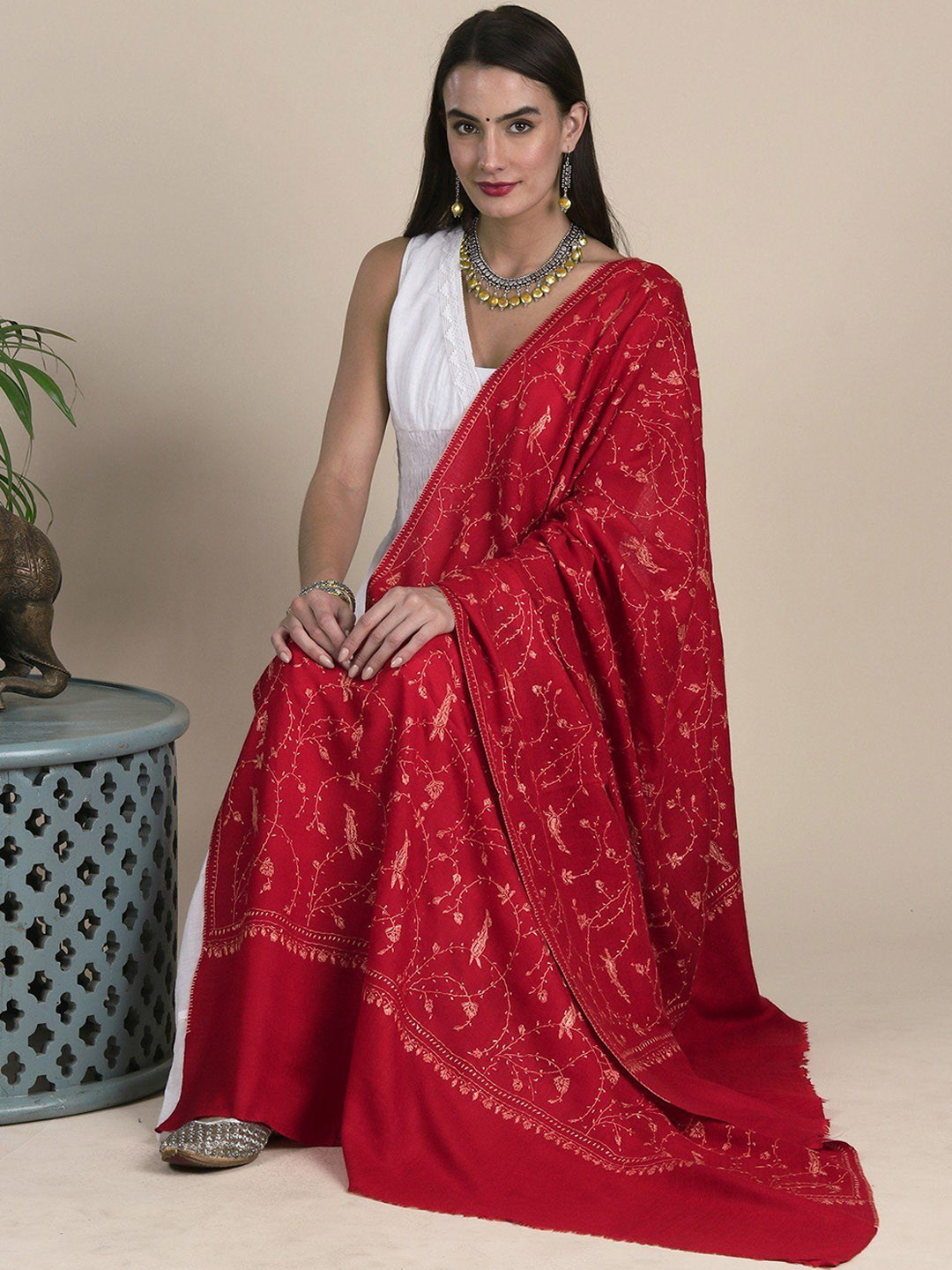 

Exotic India Women Floral Embroidered Shawl, Red