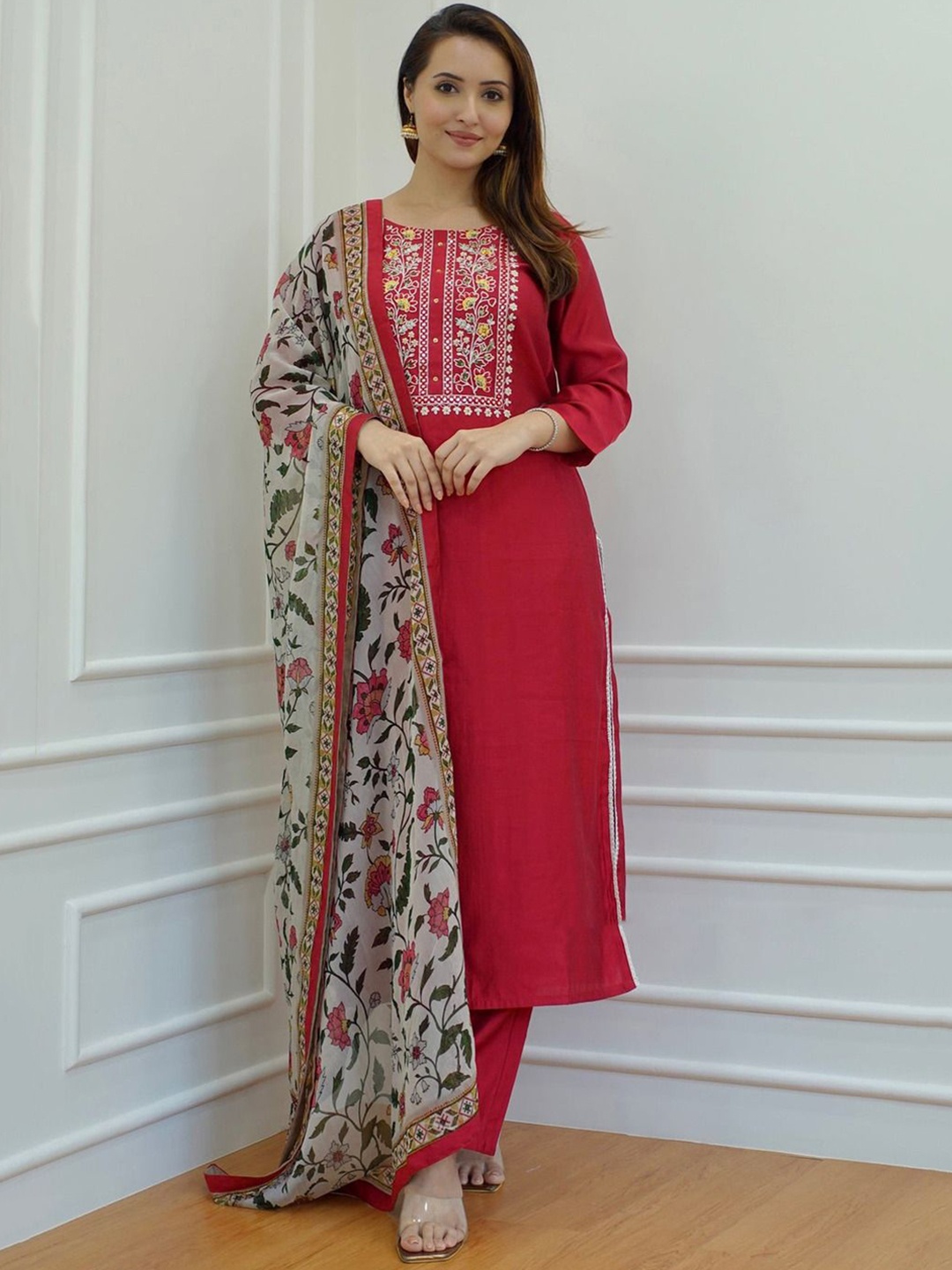 

Anni Designer Floral Embroidered Straight Kurta With Trousers &Dupatta, Red