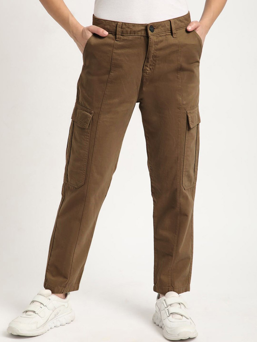 

IVOC Women Panelled Cotton Cargo Trousers, Brown