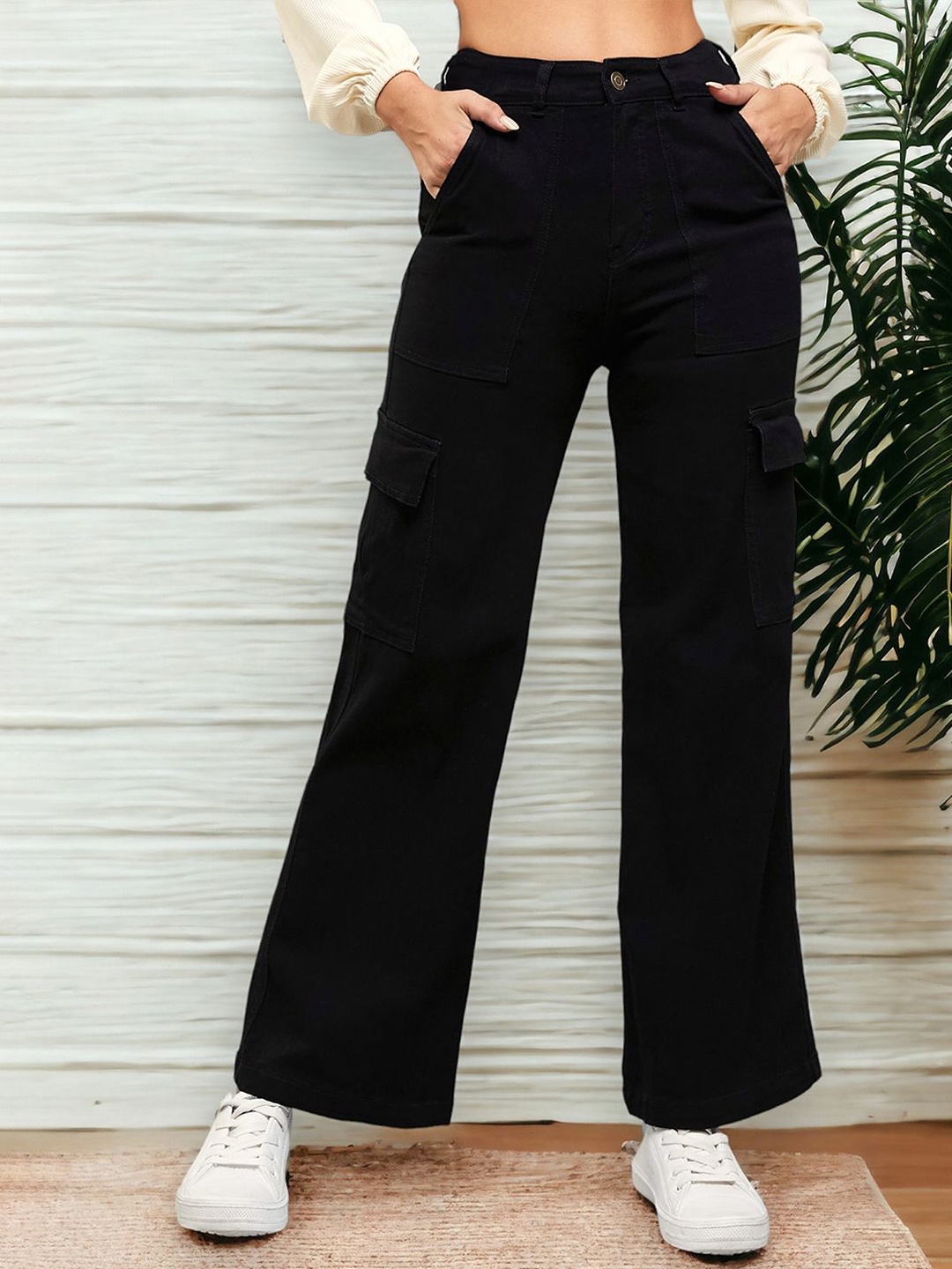 

DOLCE CRUDO Women Wide Leg High-Rise Highly Distressed Stretchable Jeans, Black