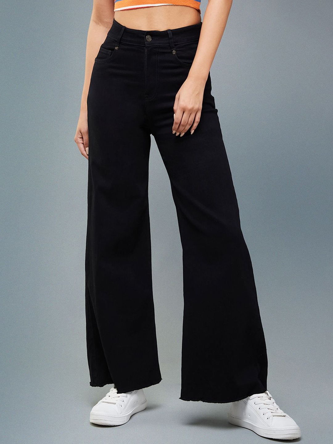 

DOLCE CRUDO Women Wide Leg High-Rise Slash Knee Stretchable Jeans, Black