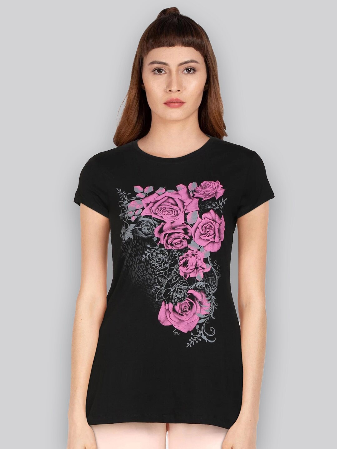 

LYRA Women Floral Printed Round Neck T-shirt, Black