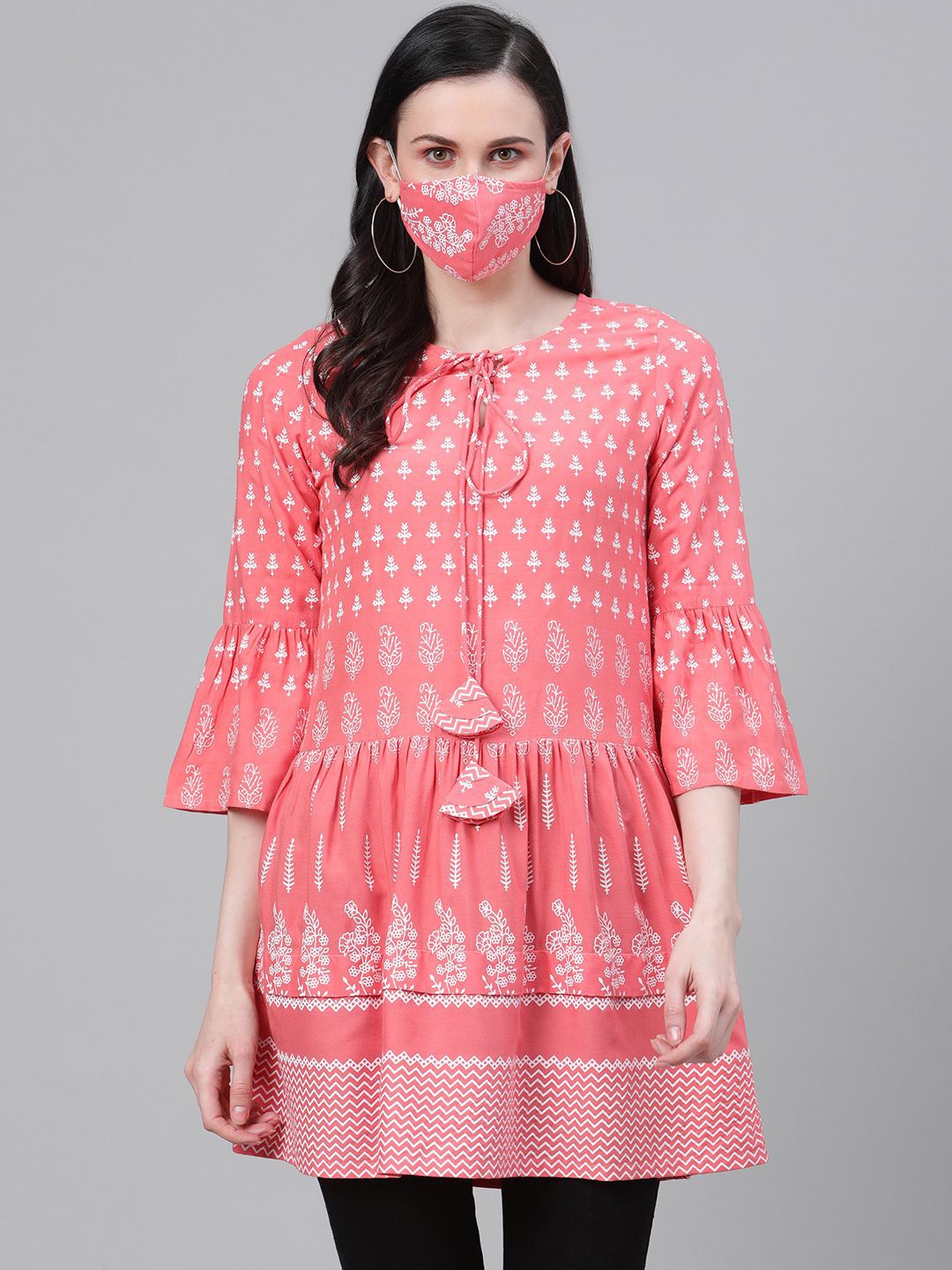 

KALINI Keyhole Neck Ethnic Printed A-Line Short Kurti, Peach