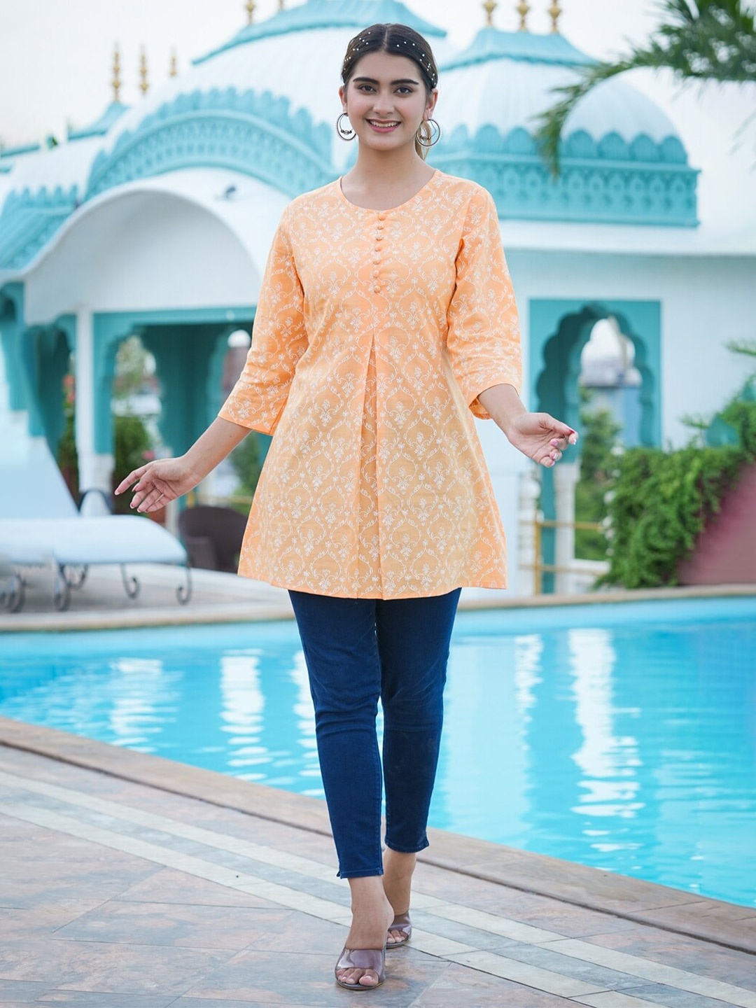 

KALINI Ethnic Printed Pure Cotton Short Kurti, Orange