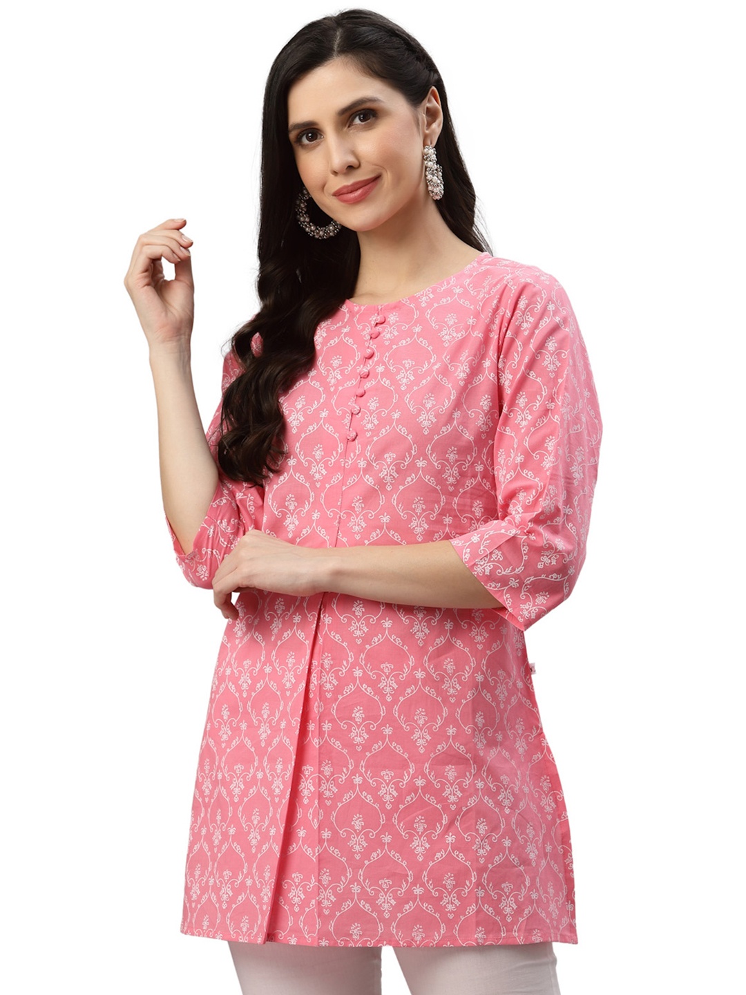 

KALINI Ethnic Motifs Printed Pure Cotton A-Line Kurti, Pink