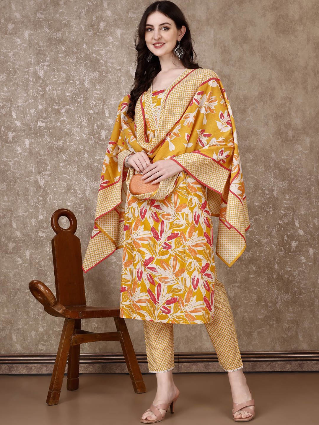 

KALINI Floral Printed Straight Kurta With Trouser & Dupatta, Yellow