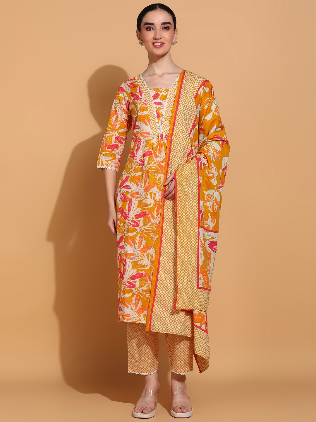 

KALINI Floral Printed Straight Kurta With Trouser & Dupatta, Yellow