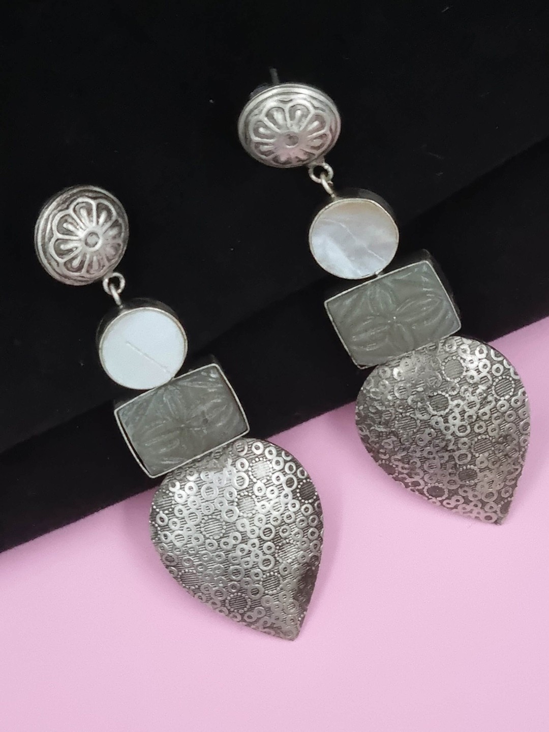 

Sangria Silver Plated Oxidized Artificial Stones Studded Drop Earring