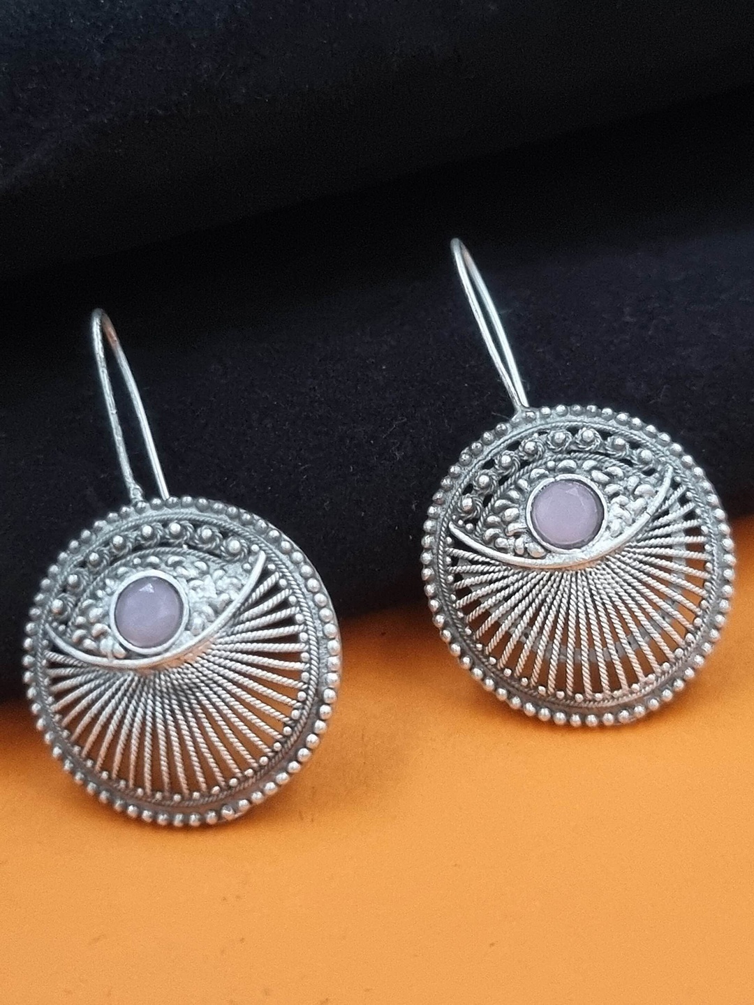 

Sangria Silver-Plated Stones Studded Oxidised Circular Drop Earrings