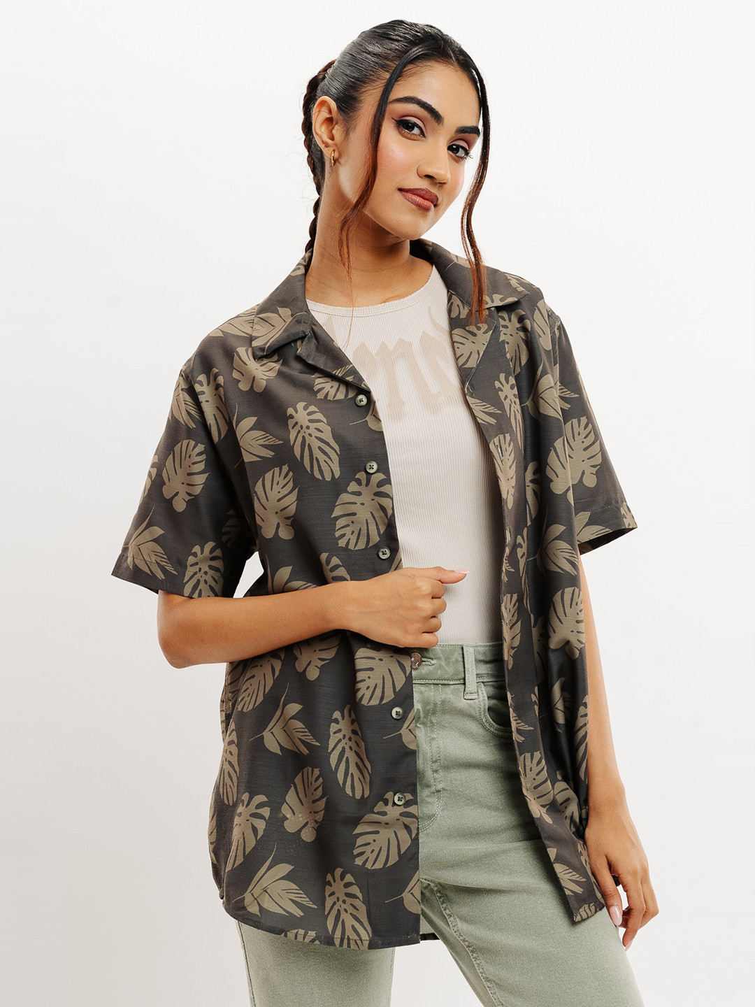 

FREAKINS Tropical Printed Cuban Collar Longline Casual Shirt, Grey
