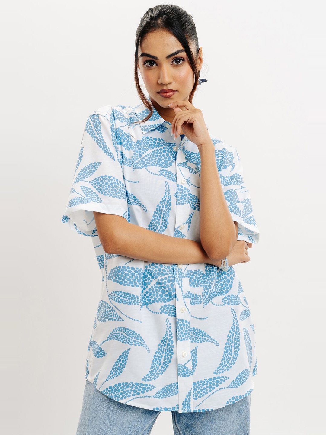 

FREAKINS Tropical Printed Spread Collar Casual Shirt, White