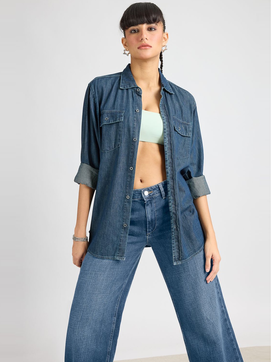 

FREAKINS Spread Collar Pocket Detailing Casual Shirt, Blue