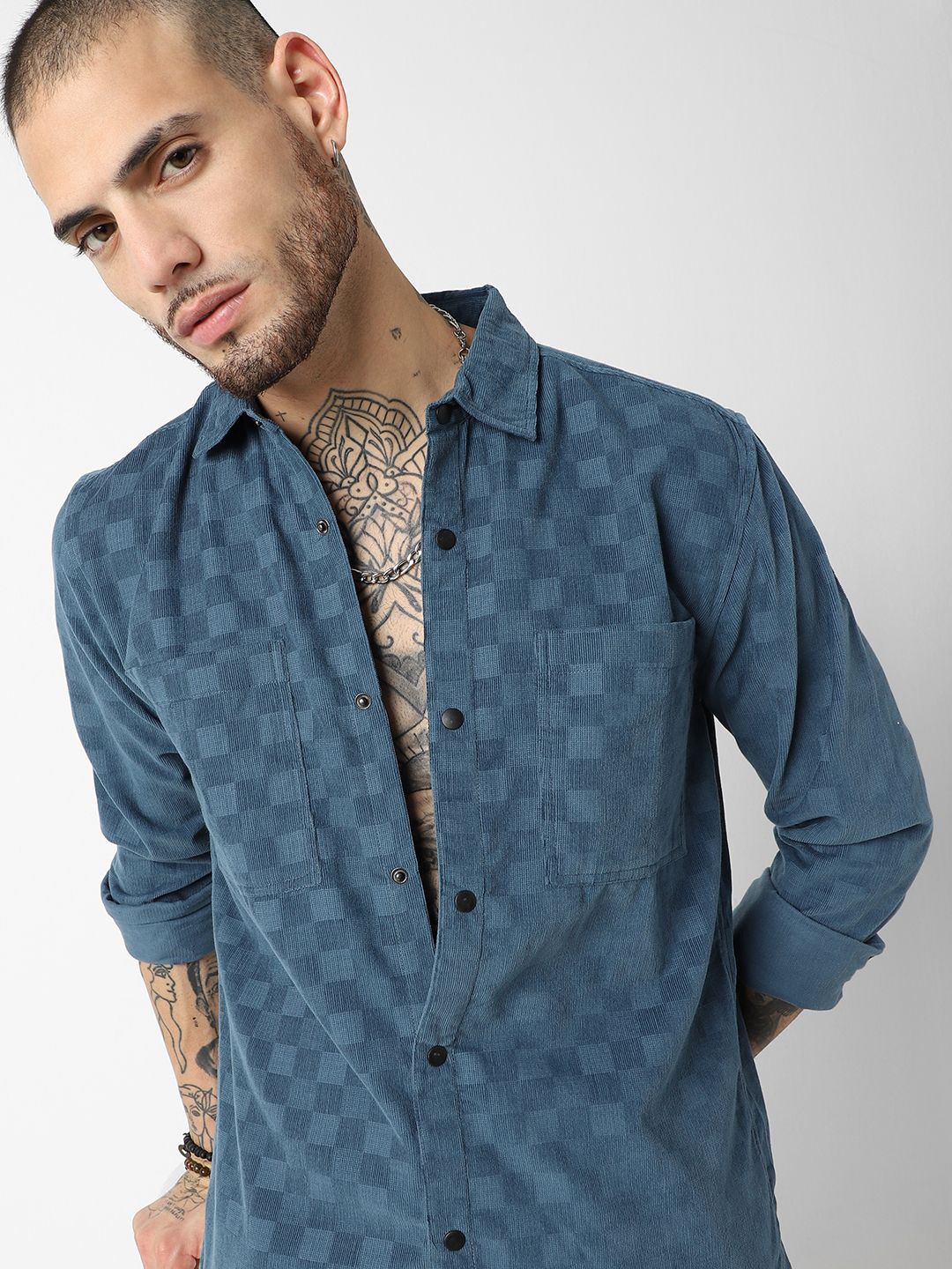 

VASTRADO Spread Collar Long Sleeves Classic Slim Fit Cotton Checked Casual Shirt, Blue