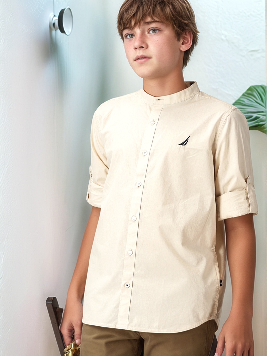 

Nautica Boys Pure Cotton Band Collar Premium Opaque Casual Shirt, Beige