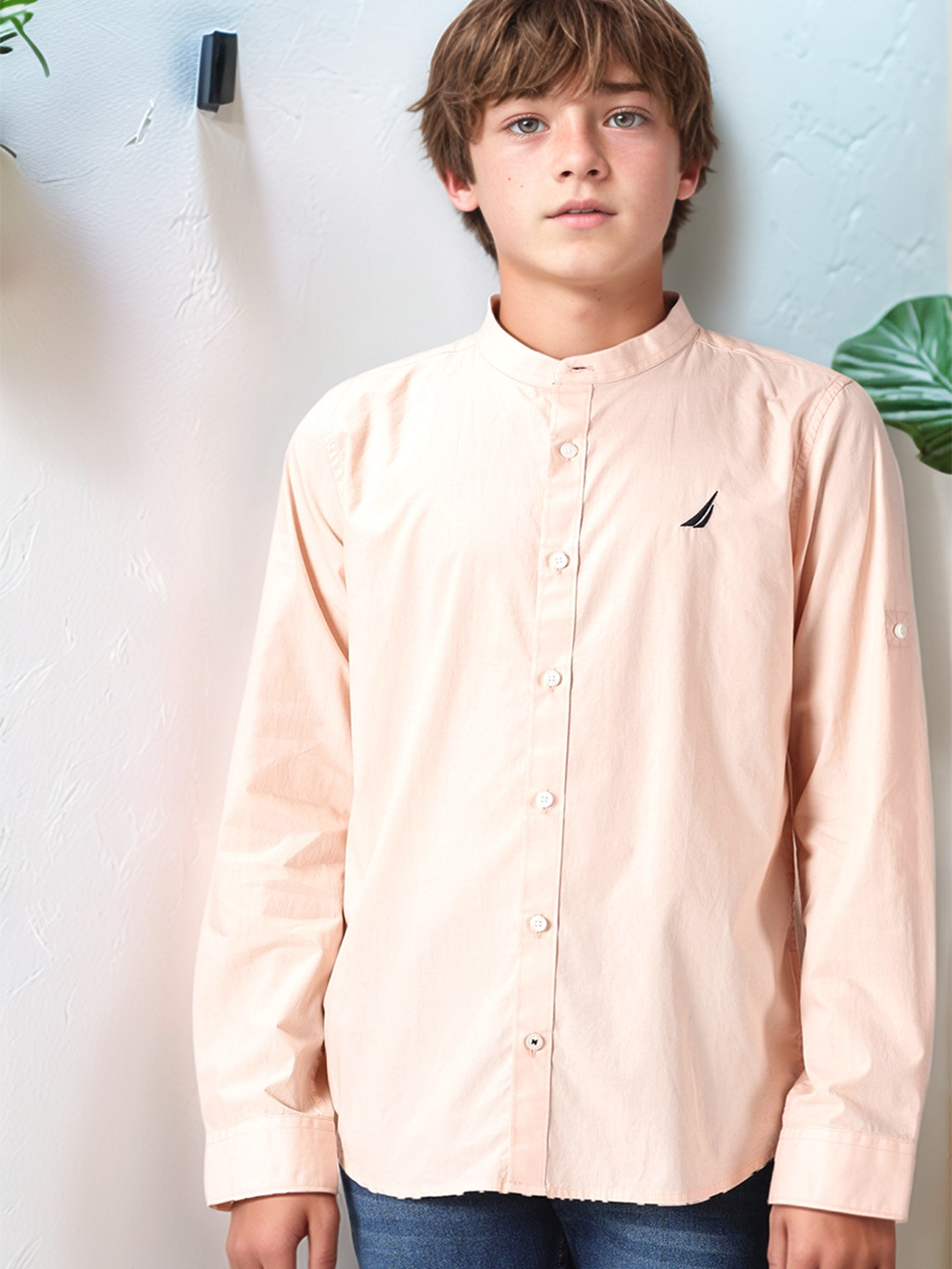 

Nautica Boys Premium Mandarin Collar Pure Cotton Casual Shirt, Peach