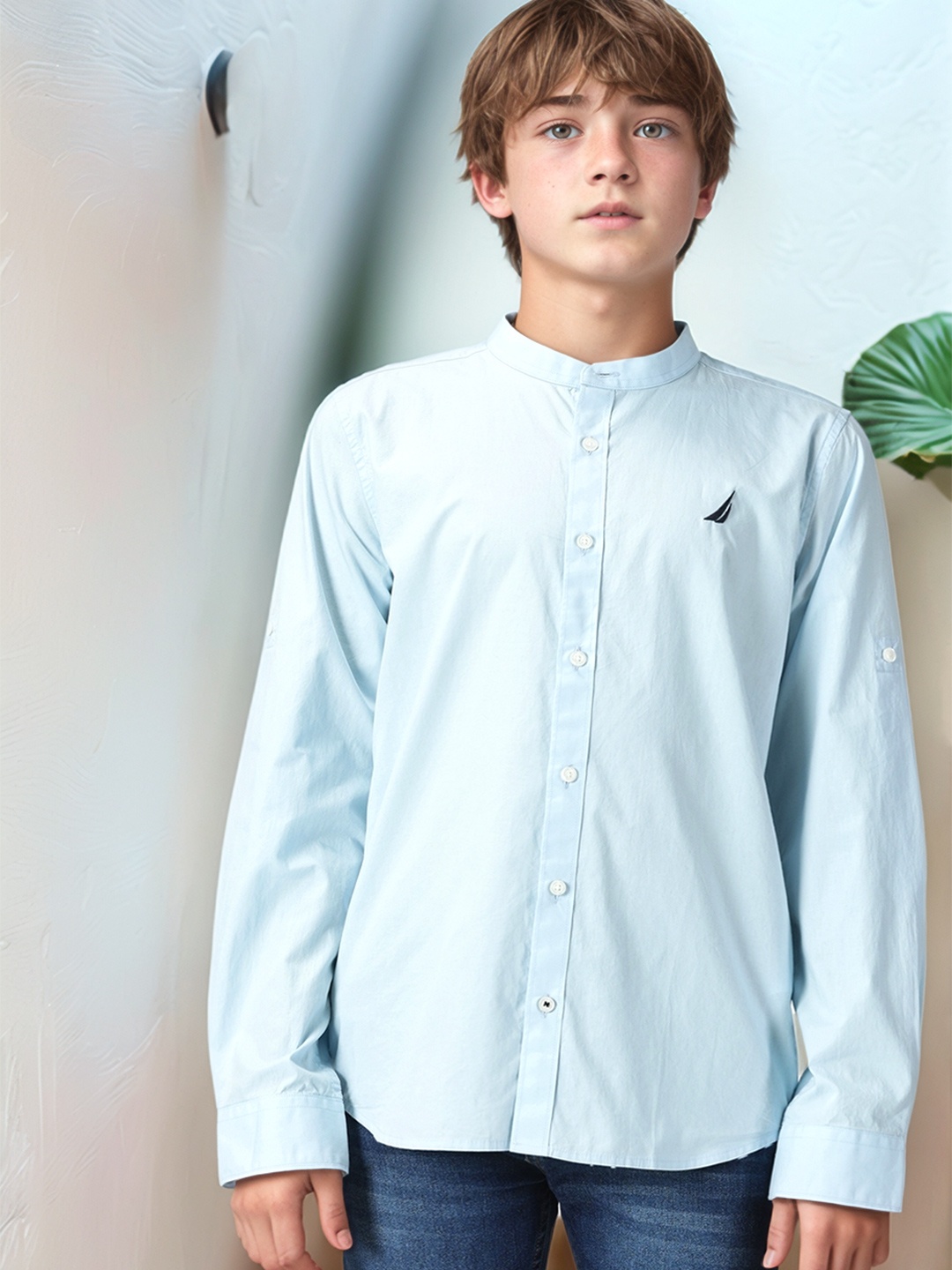 

Nautica Boys Premium Mandarin Collar Pure Cotton Casual Shirt, Blue