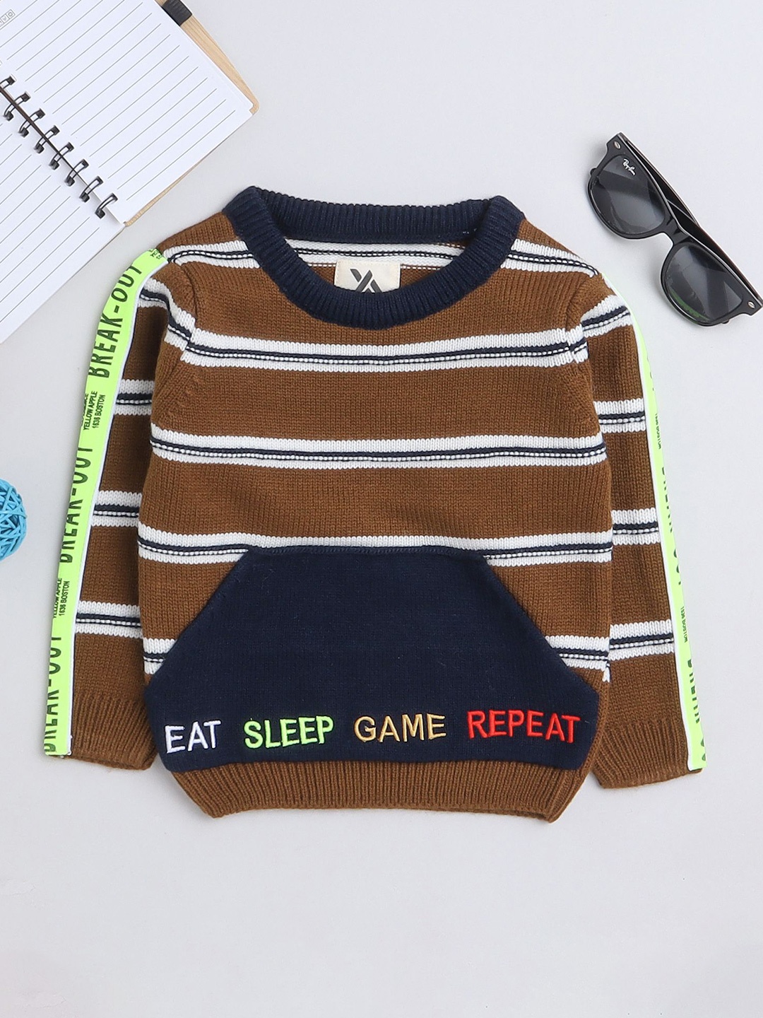 

Yellow Apple Boys Striped Woollen Pullover, Brown