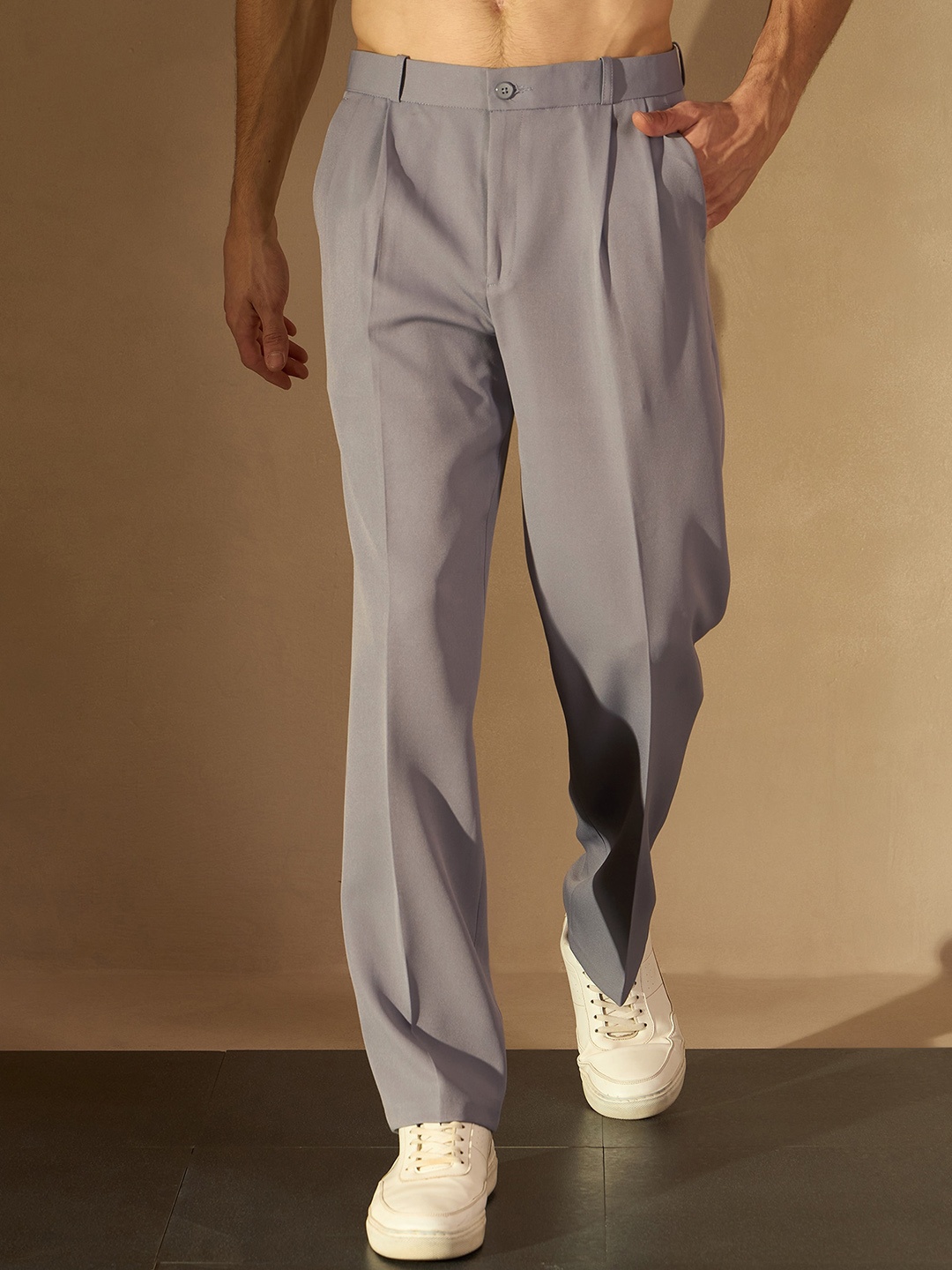 

DENNISON Men Smart Loose Fit Easy Wash Pleated Trousers, Grey