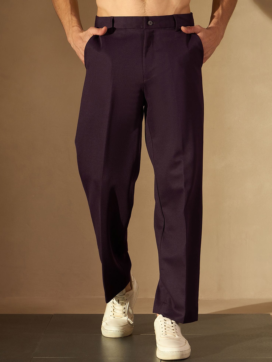 

DENNISON Men Smart Loose Fit Easy Wash Trousers, Burgundy