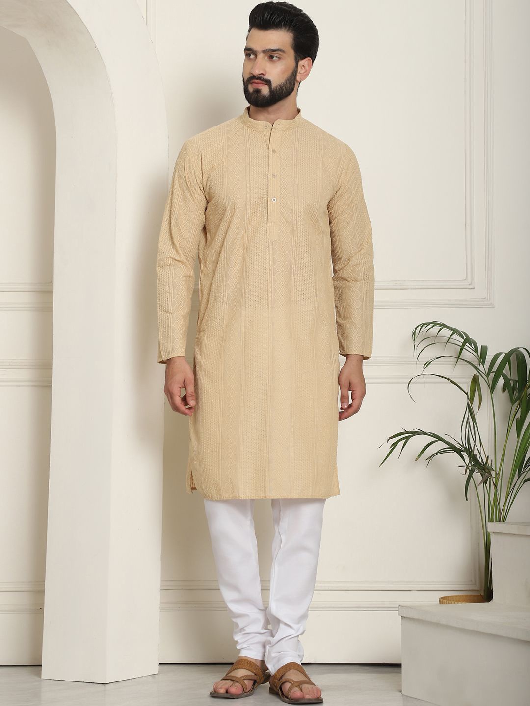 

SOJANYA Geometric Embroidered Thread Work Pure Cotton Straight Kurta With Churidar, Beige