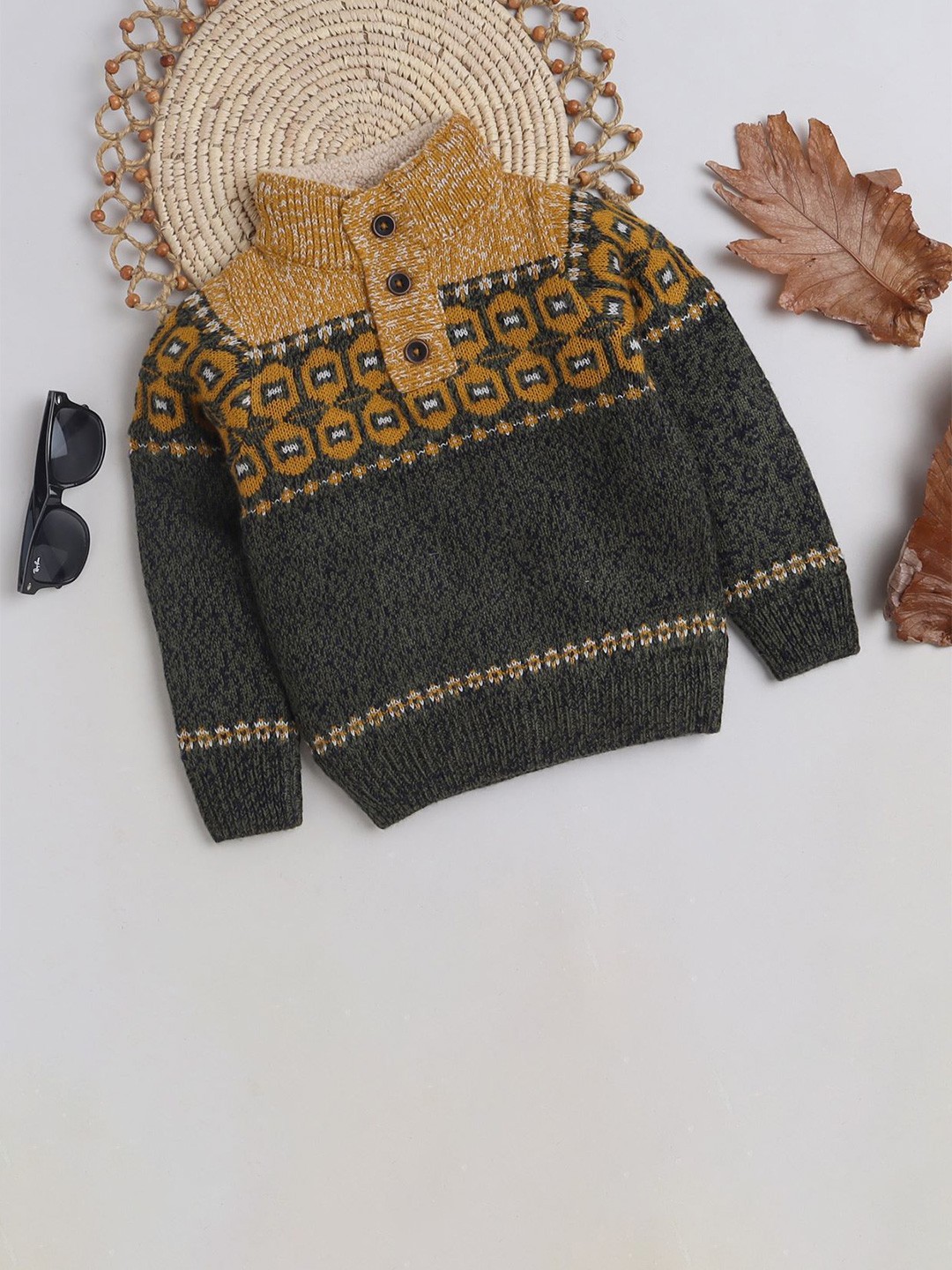 

Yellow Apple Boys Chevron Printed Woollen Pullover Sweaters, Olive