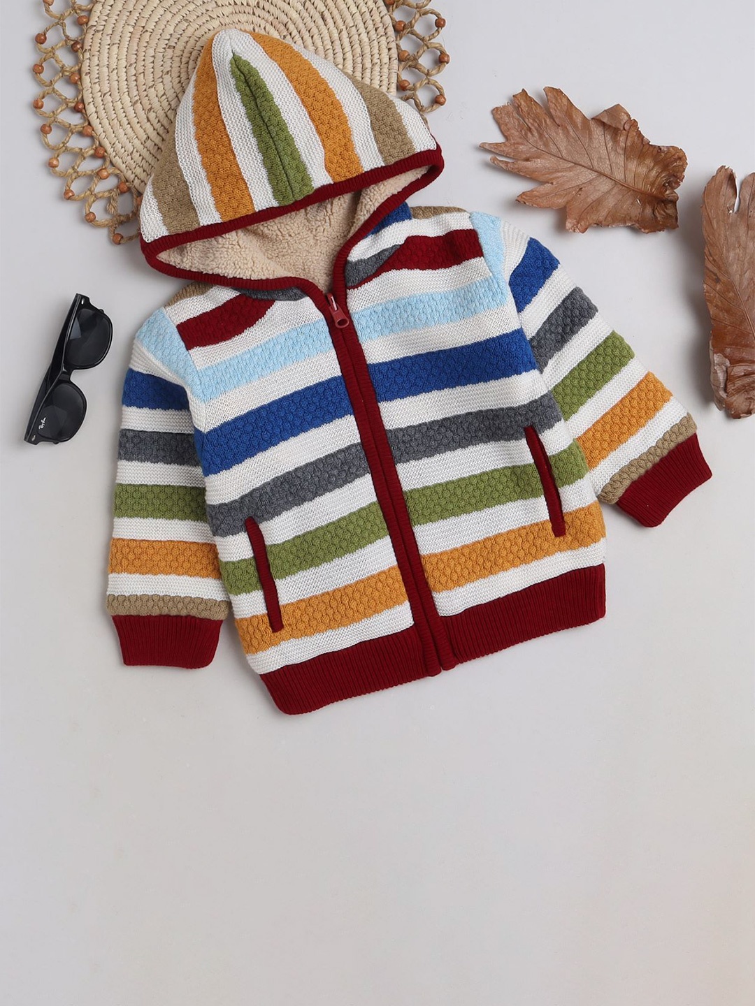 

Yellow Apple Boys Striped Hooded Front-Open Sweater, White