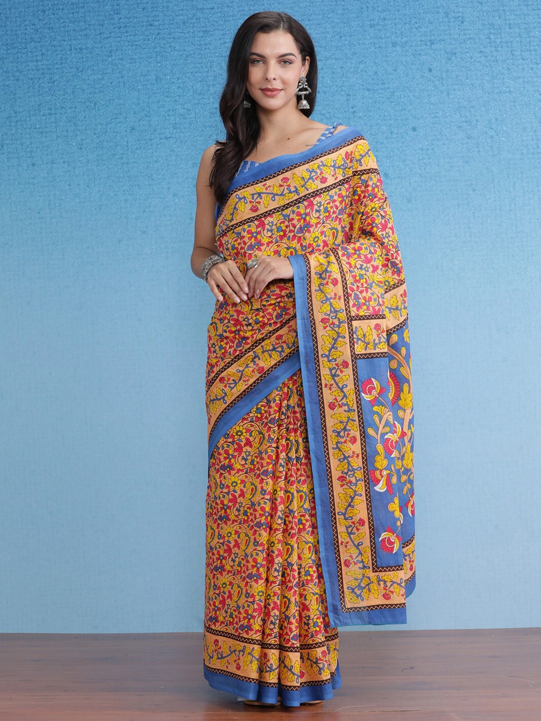 

Saree mall Floral Pure Cotton Bagru Sarees, Cream