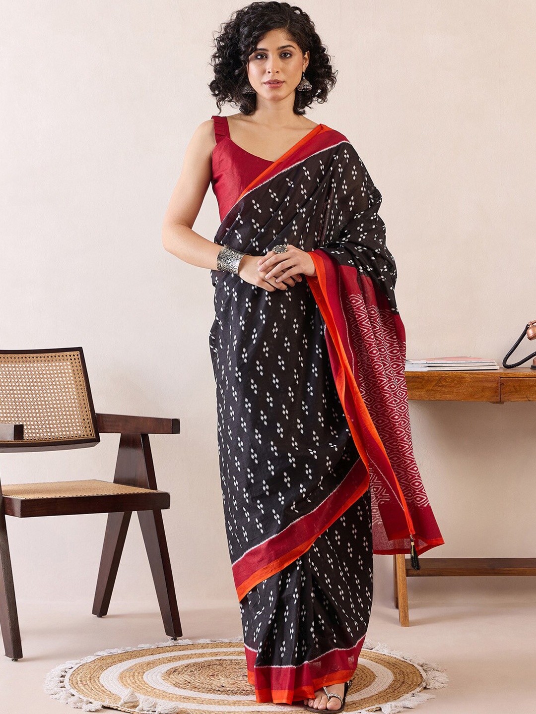 

Saree mall Poly Cotton Ready To Wear Bagh Saree, Black