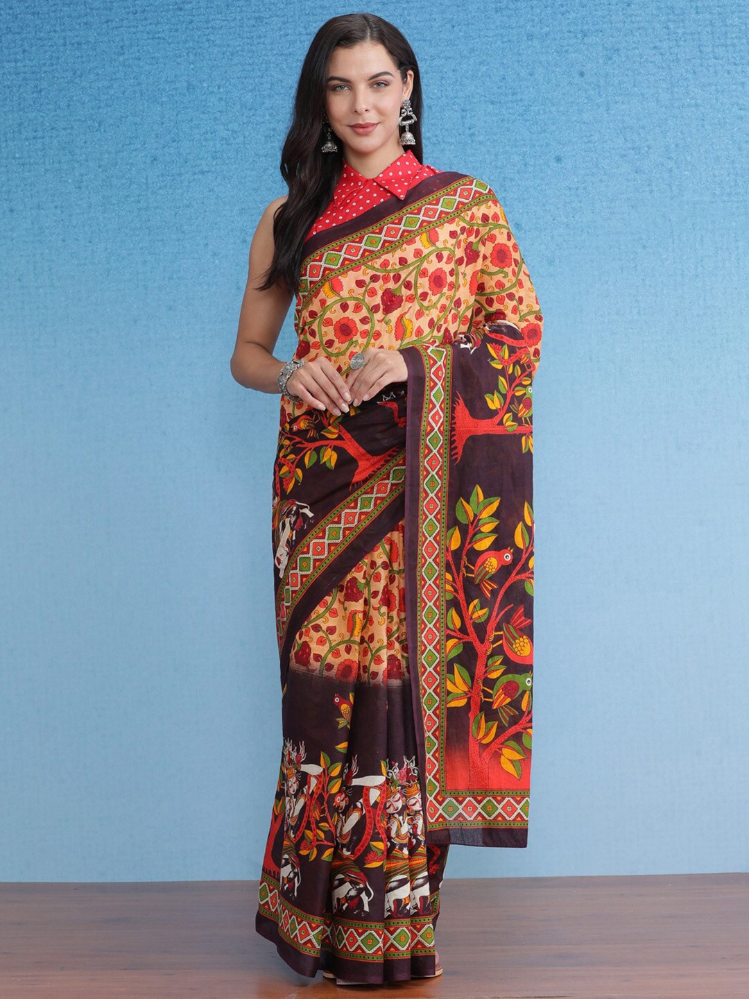 

Saree mall Kalamkari Pure Cotton Sarees, Cream