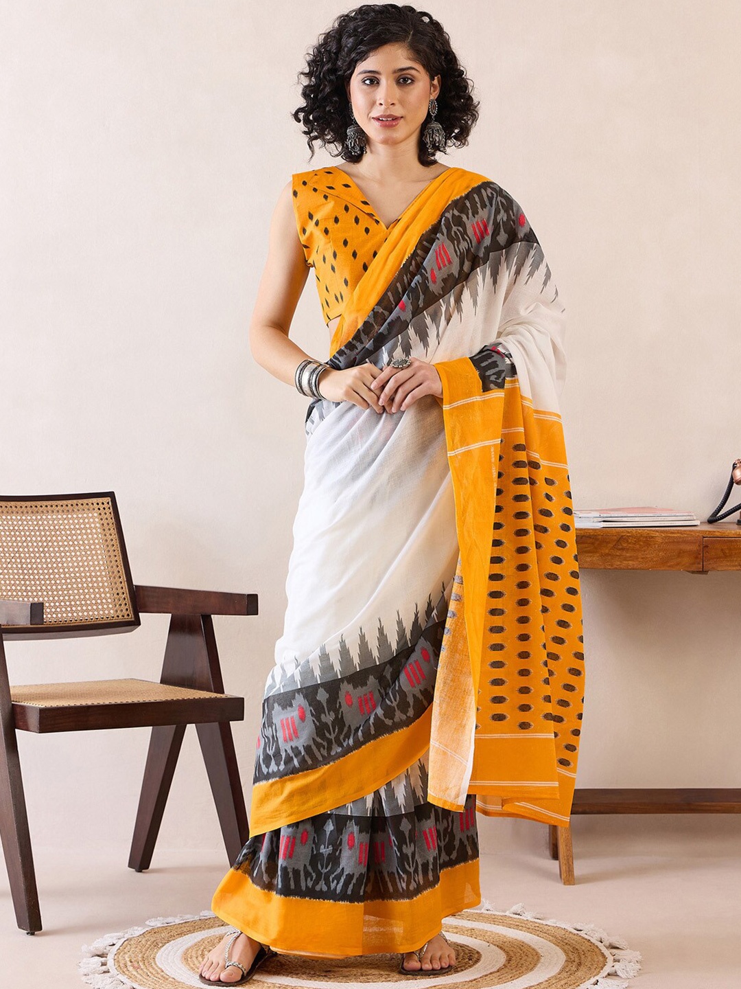 

Saree mall Ethnic Motifs Poly Cotton Ready To Wear Ikat Saree, White