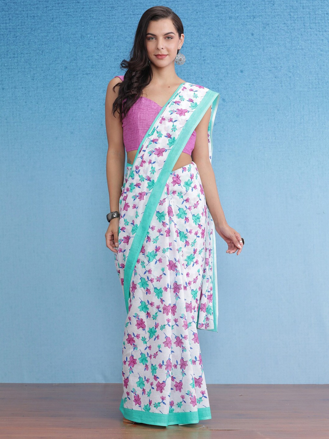 

Saree mall Floral Printed Poly Cotton Bagh Sarees, White