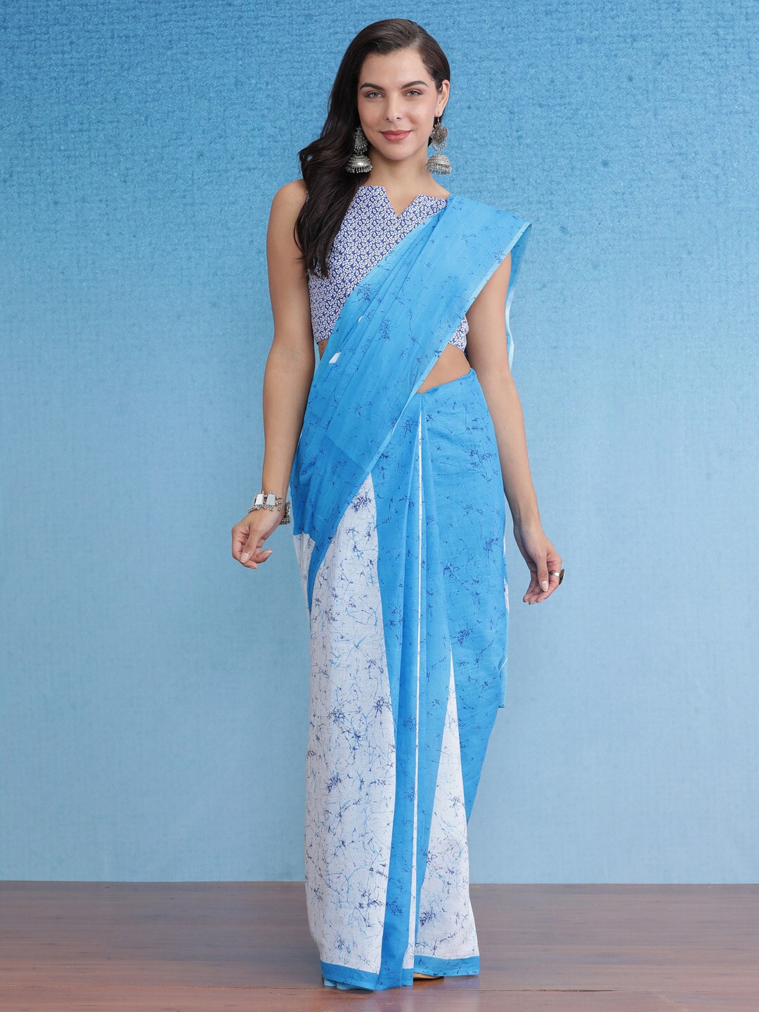 

Saree mall Tie and dye Poly Cotton Bagh Sarees, Blue