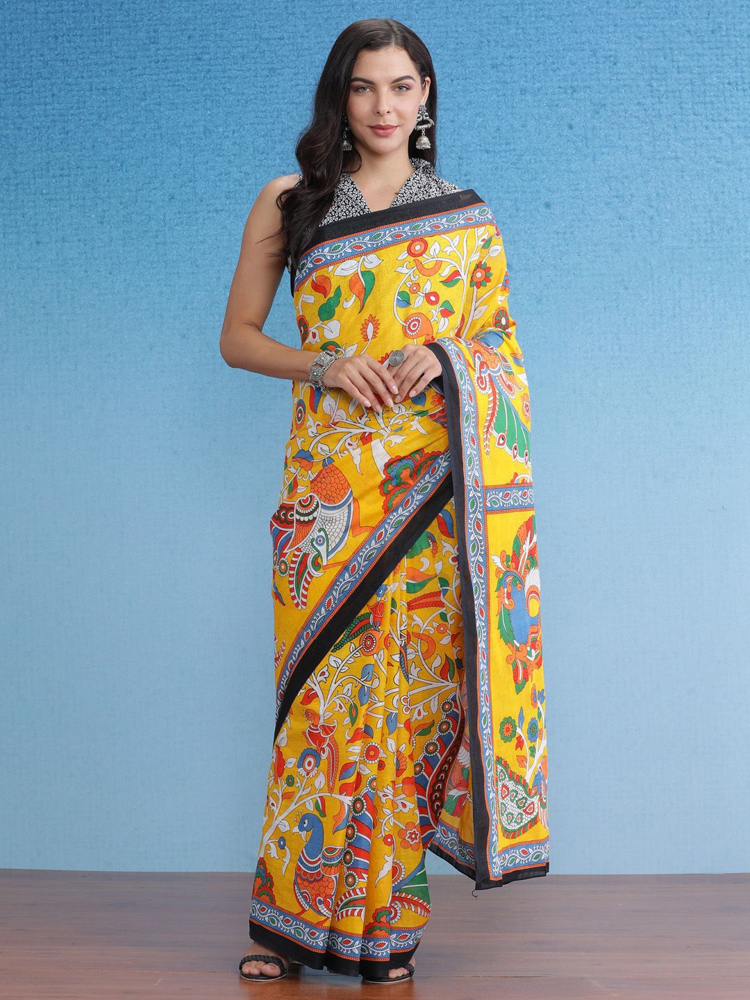 

Saree mall Kalamkari Poly Cotton Bagru Sarees, Yellow