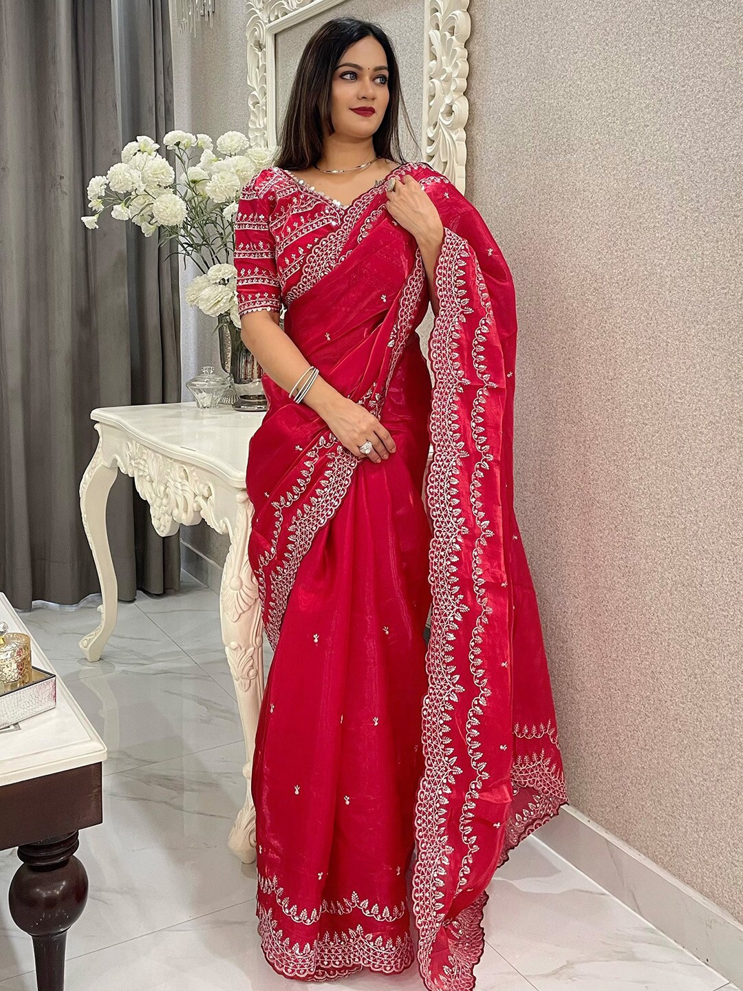 

Anouk Embellished Sequinned Organza Saree, Pink