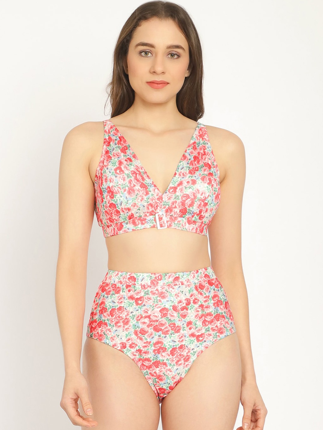 

EROTISSCH Floral Printed Shoulder Straps Bikini Set, Pink