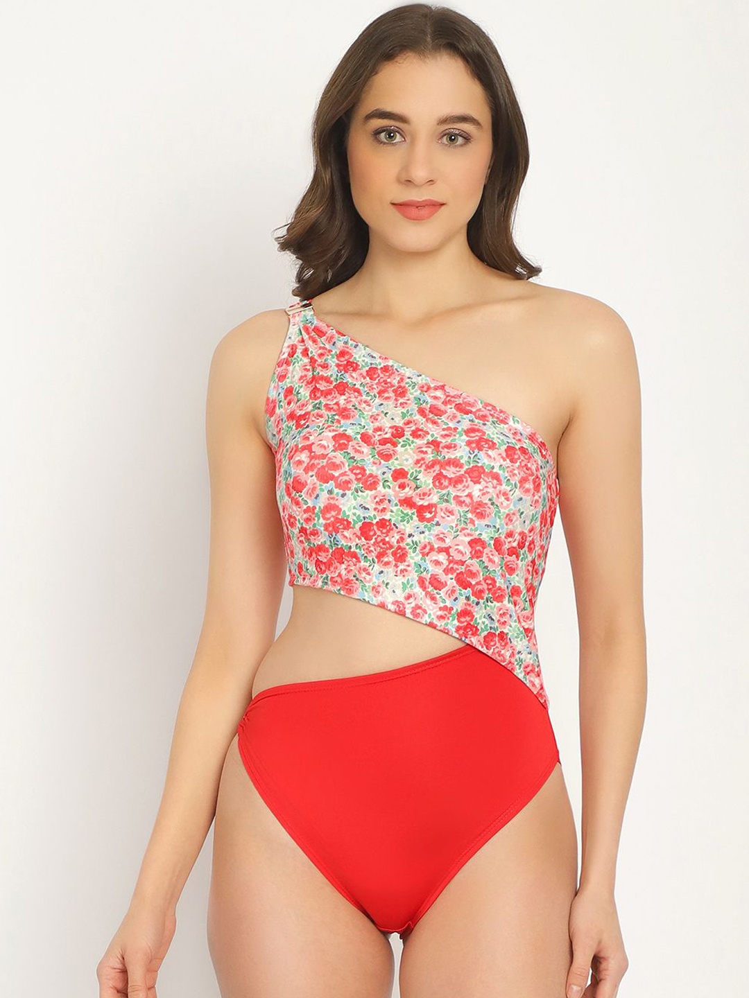 

EROTISSCH Floral Printed One Shoulder Swimwear bodysuit, Red