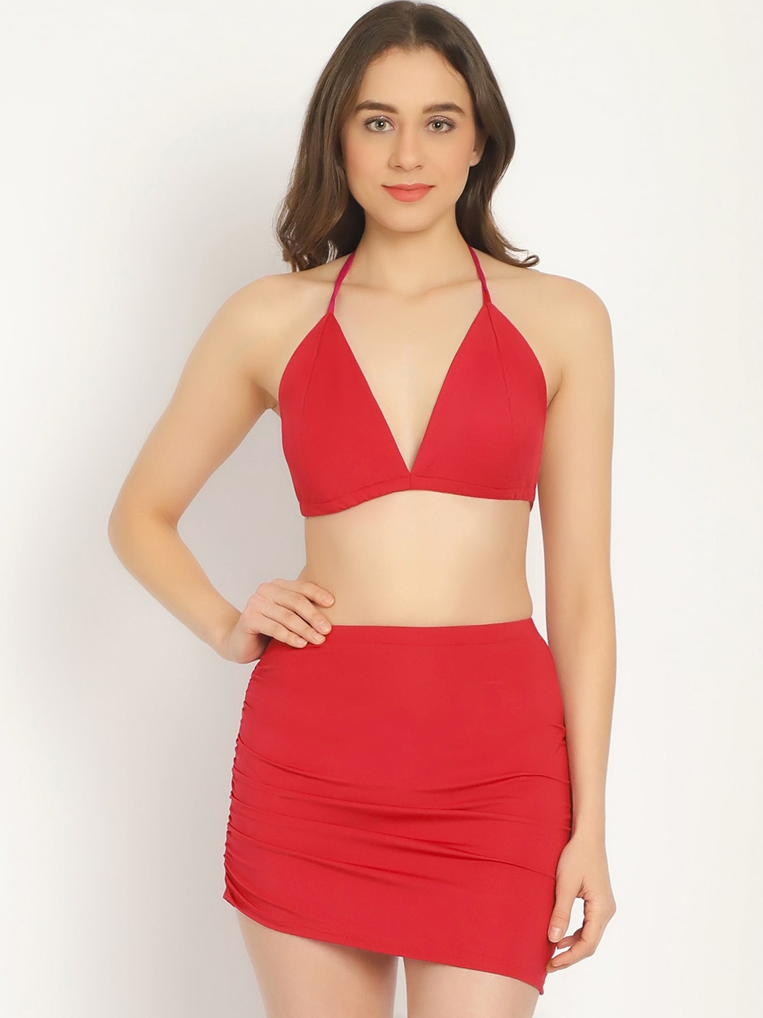 

EROTISSCH Halter Neck Solid Tie Strap Swimwear Bikini Set, Red