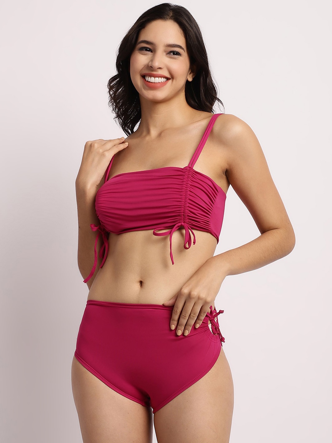 

EROTISSCH Textured Shoulder Strap Solid Swimwear Bikini Set, Magenta