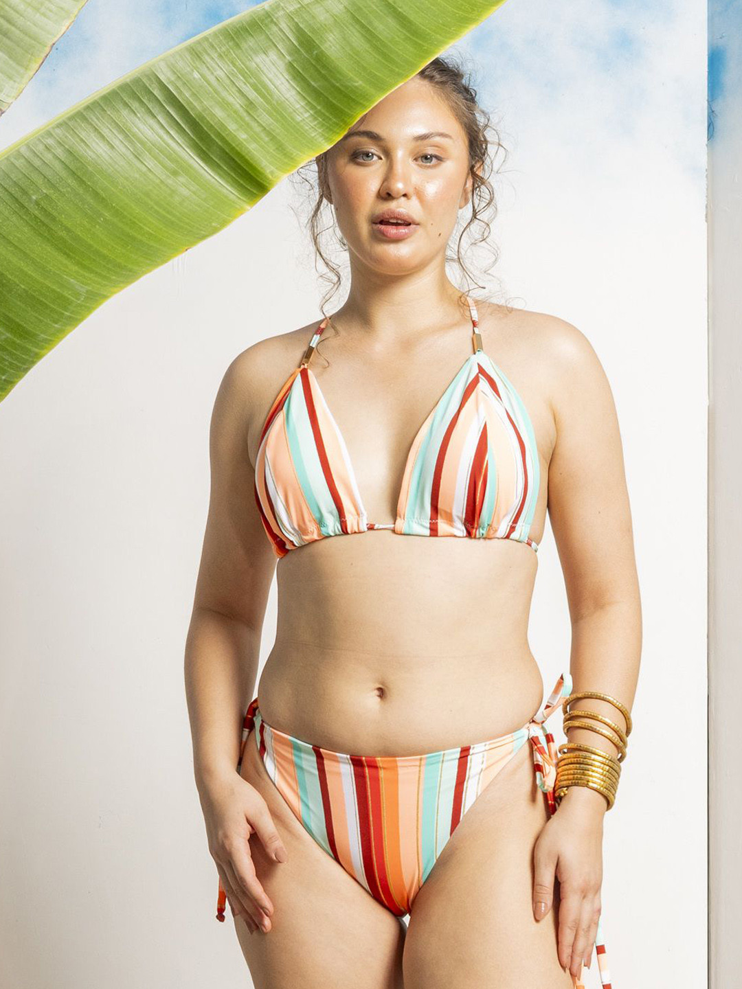 

EROTISSCH Striped Halter Neck Swimwear Bikini Set, Orange