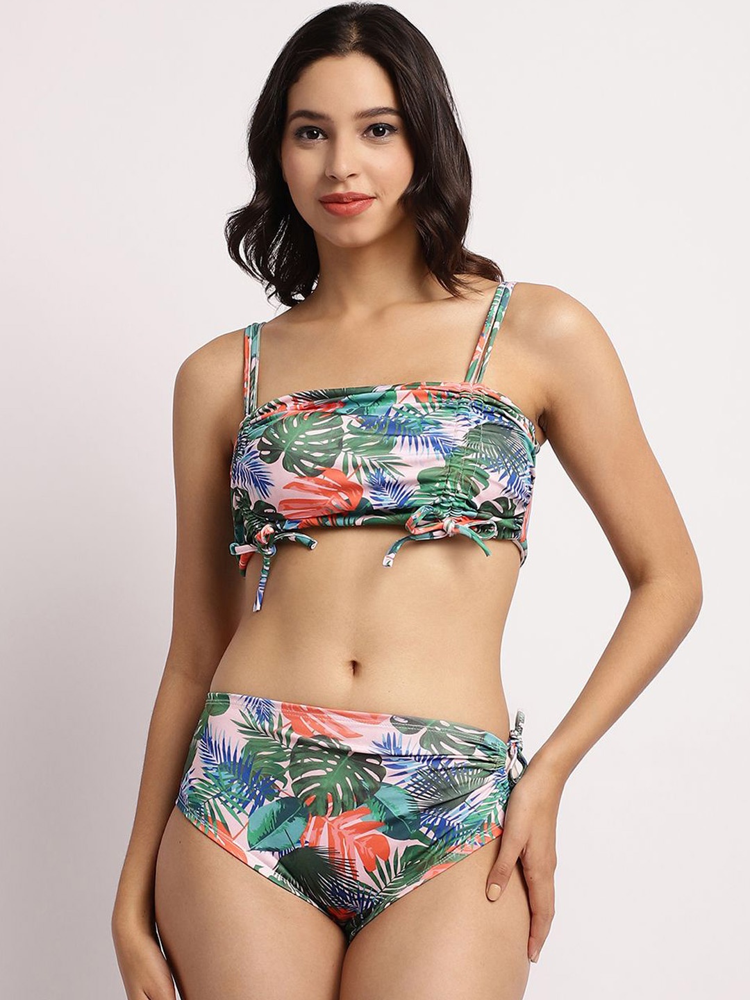 

EROTISSCH Tropical Printed Shoulder Strap Swimwear Bikini Set, Green