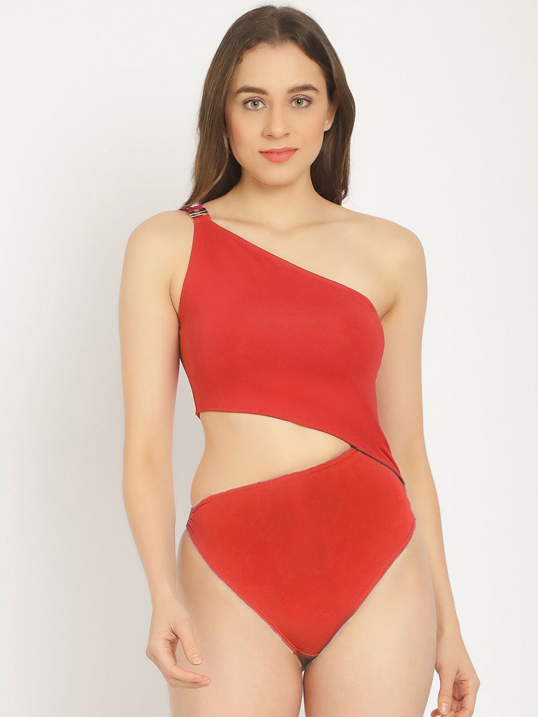 

EROTISSCH One Shoulder Cut-Out Waist Swimwear Bodysuit, Red