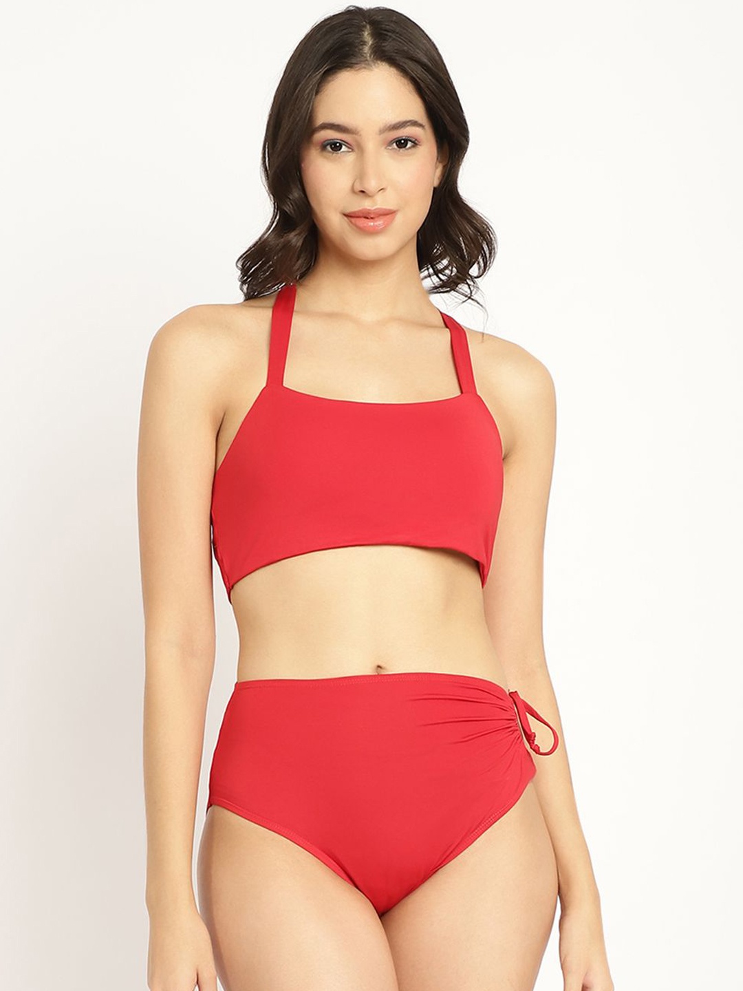 

EROTISSCH Solid Shoulder Straps Two Piece Swim Bikini Set, Red
